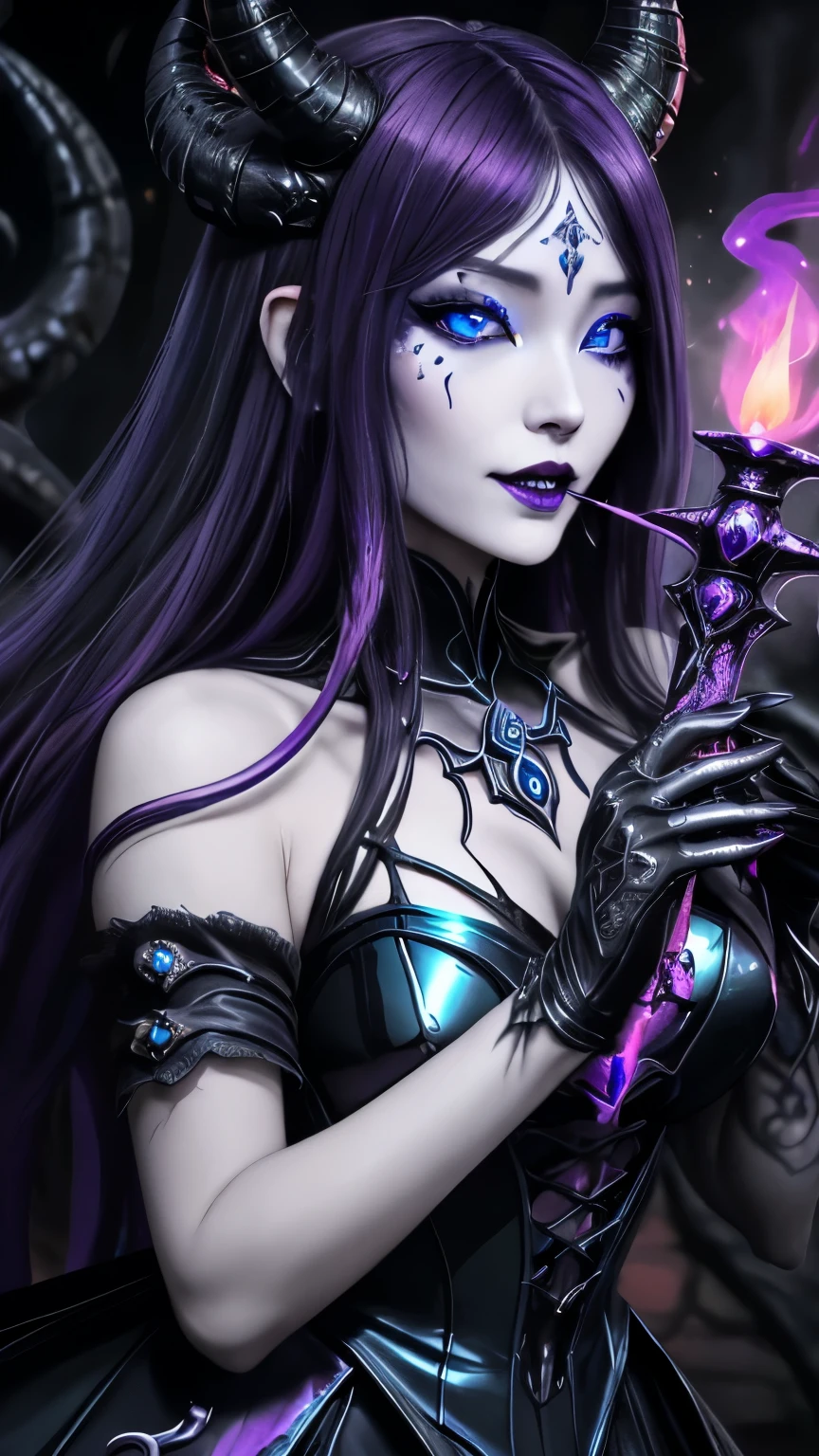 強力なスーパーevil女がクローズアップでポーズをとる, Goddess in black (Bare shoulders), Long, flowing purple hair, View your viewers, Highly detailed face, Perfect hands, Blue smoke swirling around her, evil事を愛する, Captivating blue eyes, Dark fantasy, Genuine, Symmetric, High detail, Esoteric arachnids lady, Spider Queen Elise, League of Legends, Esoteric arachnids, Combat Stance, ( body formed from metallic mauveine and metallic black liquid metallic paint twisting into a beautiful interpretation of the female figure), length, Sharp Fangs, nature, ((Complex metallic colors in the foreground)), (( Fluid Mechanics, The most beautiful smooth scale face makeup, Smirking expression)) - Dark blood, Onyxia、Noir painting of a beautiful young witch, length purple hair, dark purple lips, evil, evil female, smile, Black Prom Dress, She is coming to you, close, Bright Blue Eyes, Surrounded by swirling pink smoke, Genuine, High detail, Highest quality、A beastly demon wields a vicious blade, Blood Chain, Behemoth Bones, Snake-like tentacles, Cruel Teeth, Expressions of madness, Oppressive Dungeon. 8K Vision Reveals Fear, Ultra HD detail makes monsters stand out, Grotesque shadows dance, The creature whispers, Stifling atmosphere, Vision problems, Visible Madness. blade, evil意の閃光が輝く, reflect (Light) Beyond the Darkness, Elucidate (Sharp details) and、Add a dizzying dimension to the impending chaos.