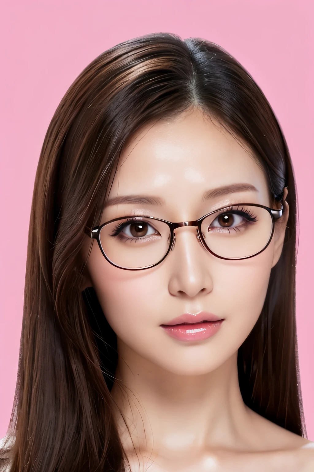 (Highest quality、Tabletop、8k、Best image quality、Award-winning works)、One beautiful woman、Age 25、Perfect beautiful composition、(Very long hair:1.1)、(Classy glasses:1.1)、look at me、Perfect Makeup、attractive、Sexy、Lustrous and bright lips、Accurate ???????、(Face close-up:1.3)、(nude:1.1)、Ultra-high definition beauty face、Ultra HD Hair、Ultra high quality moisturizing eye、(Ultra-high resolution glossy skin:1.1)、Super high quality glossy lip、(Pale pink plain background:1.1)