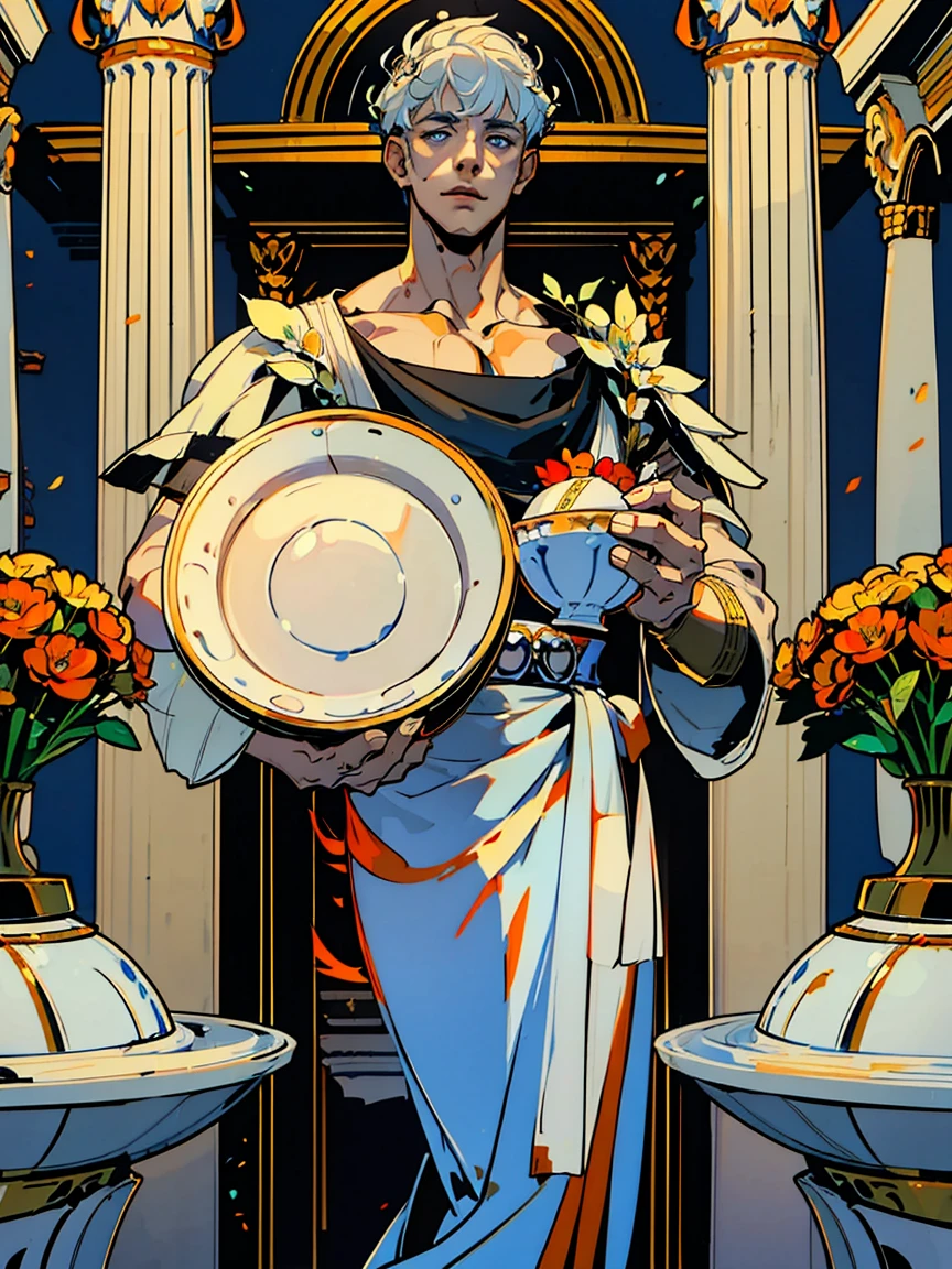 1boy, alone, 25 years old, young, white hair, blue eyes, insister sur les reflets des yeux bleus, cheveux blancs, mid lenght hair, bowl haircut, bowl hair cut, boss, formal business outfit, white outfit, arrogant look, hades style, hades game, Jen zee style, greek themed image, greek background, hypnos, tartarus scenery, fumes, greek columns in background, lots of columns, greek architecture, white themed image, white furniture, orange touches of color, orange walls, looking at viewer, holding an urn of value hades game wiki obols, hades, game, wiki, obols,