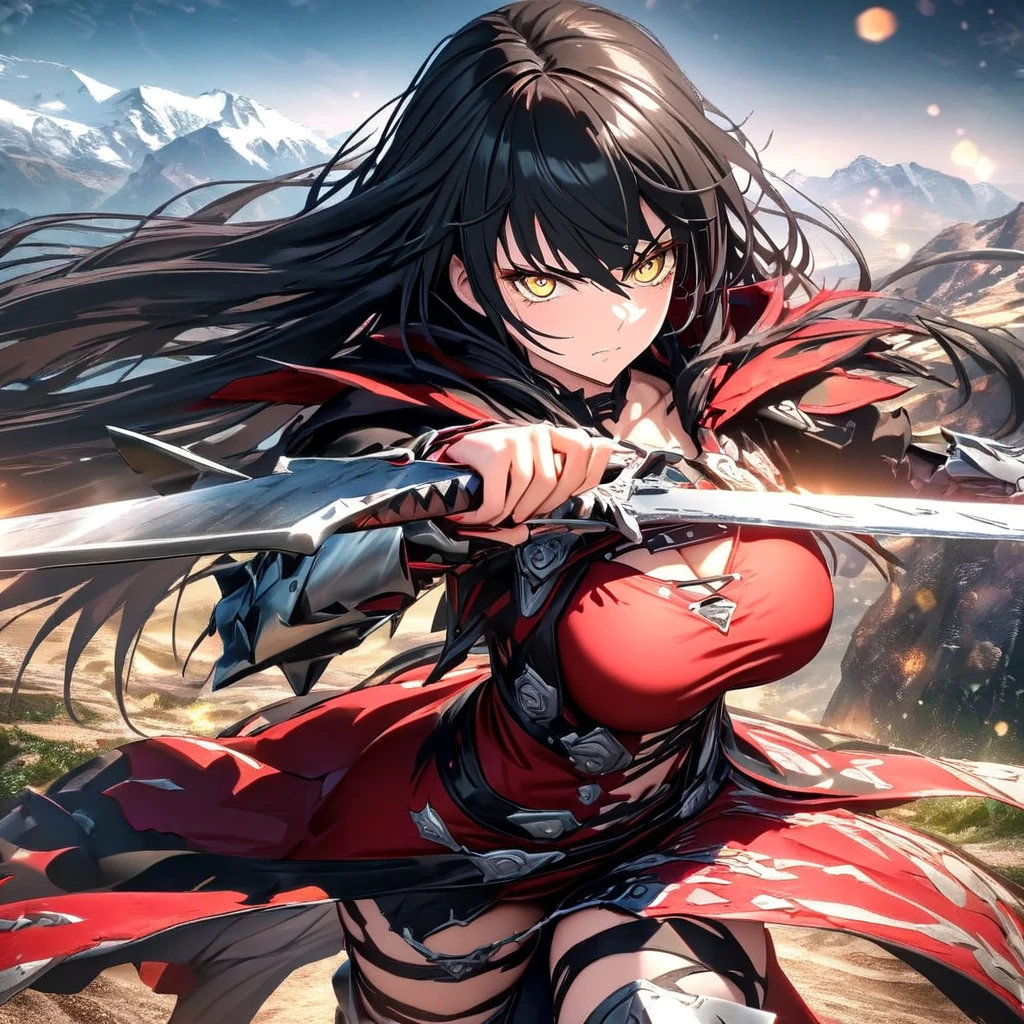 A woman wearing a red dress, metal boots, metal bracelet, holding a silver sword, black hair, long hair, yellow eyes, big breasts, serious face, walking on a dirt road around a mountain, with aesthetics of fantasy,UHD , work- prime, precise, anatomically correct, textured skin, super details, high quality, best quality, 8k, high resolution, bokeh effect. (man alone)
