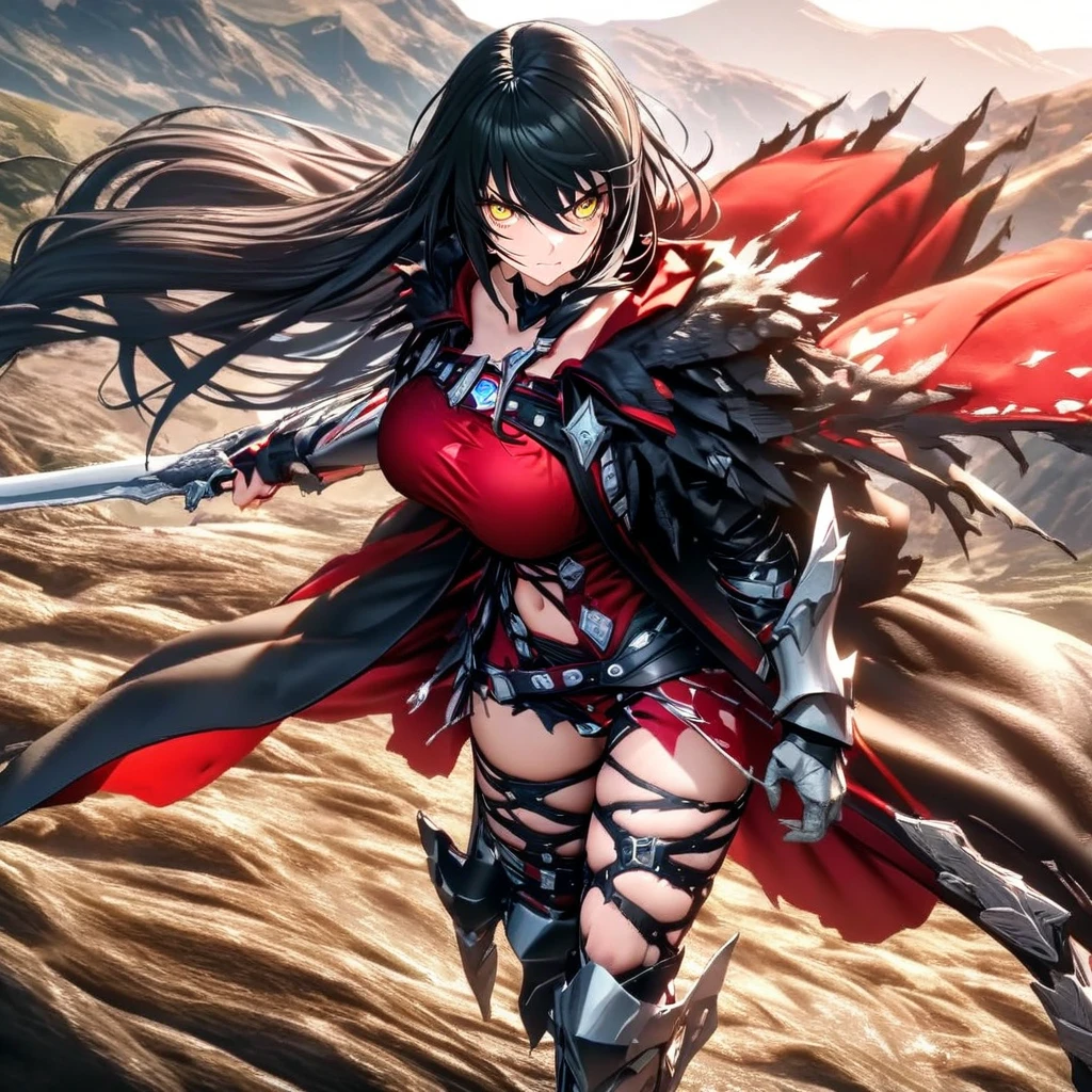 A woman wearing a red dress, metal boots, metal bracelet, holding a silver sword, black hair, long hair, yellow eyes, big breasts, serious face, walking on a dirt road around a mountain, with aesthetics of fantasy,UHD , work- prime, precise, anatomically correct, textured skin, super details, high quality, best quality, 8k, high resolution, bokeh effect. (man alone)
