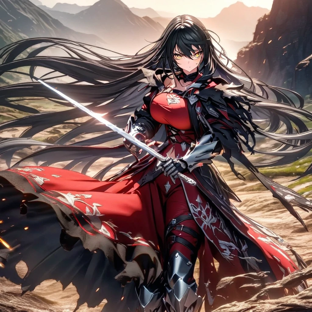 A woman wearing a red dress, metal boots, metal bracelet, holding a silver sword, black hair, long hair, yellow eyes, big breasts, serious face, walking on a dirt road around a mountain, with aesthetics of fantasy,UHD , work- prime, precise, anatomically correct, textured skin, super details, high quality, best quality, 8k, high resolution, bokeh effect. (man alone)
