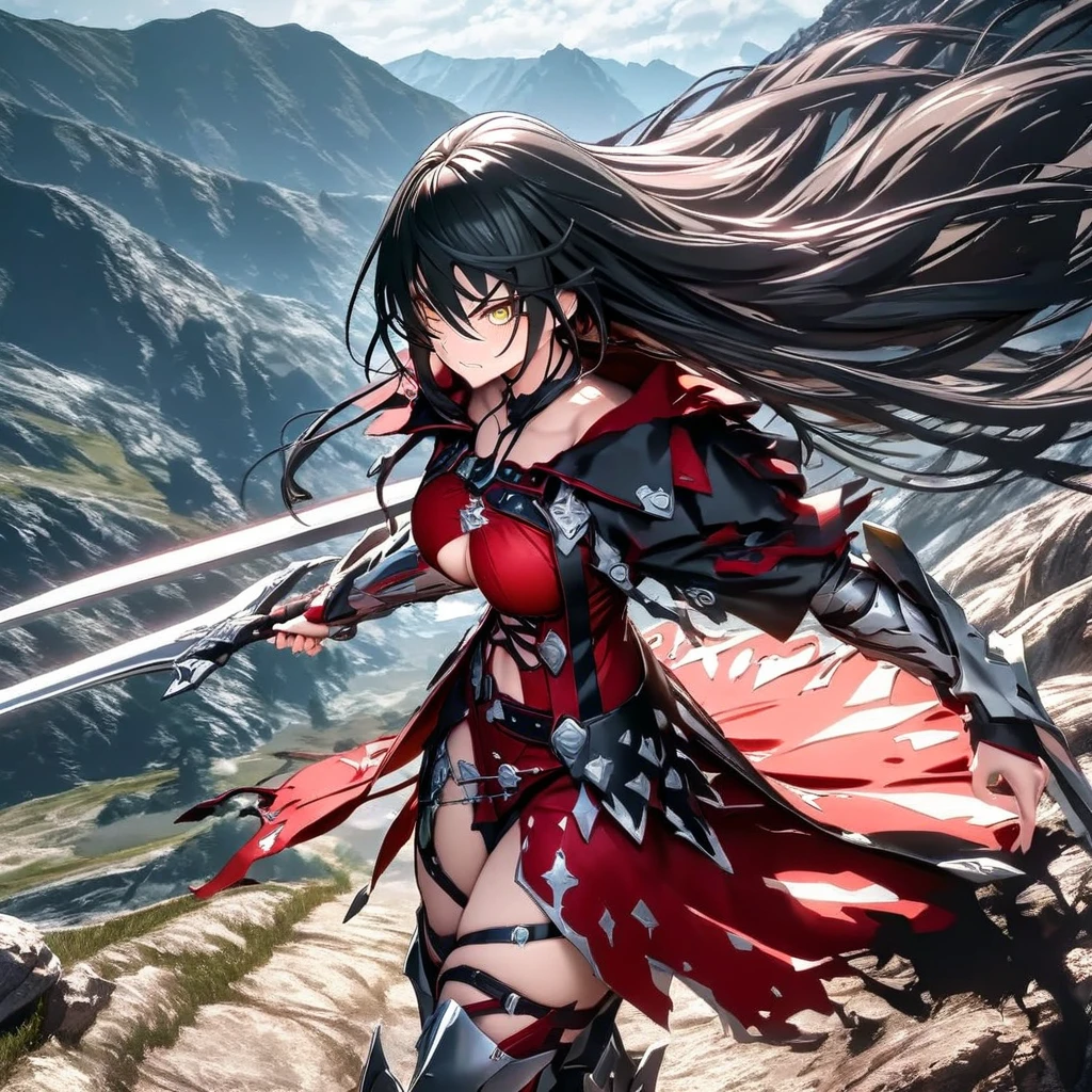 A woman wearing a red dress, metal boots, metal bracelet, holding a silver sword, black hair, long hair, yellow eyes, big breasts, serious face, walking on a dirt road around a mountain, with aesthetics of fantasy,UHD , work- prime, precise, anatomically correct, textured skin, super details, high quality, best quality, 8k, high resolution, bokeh effect. (man alone)
