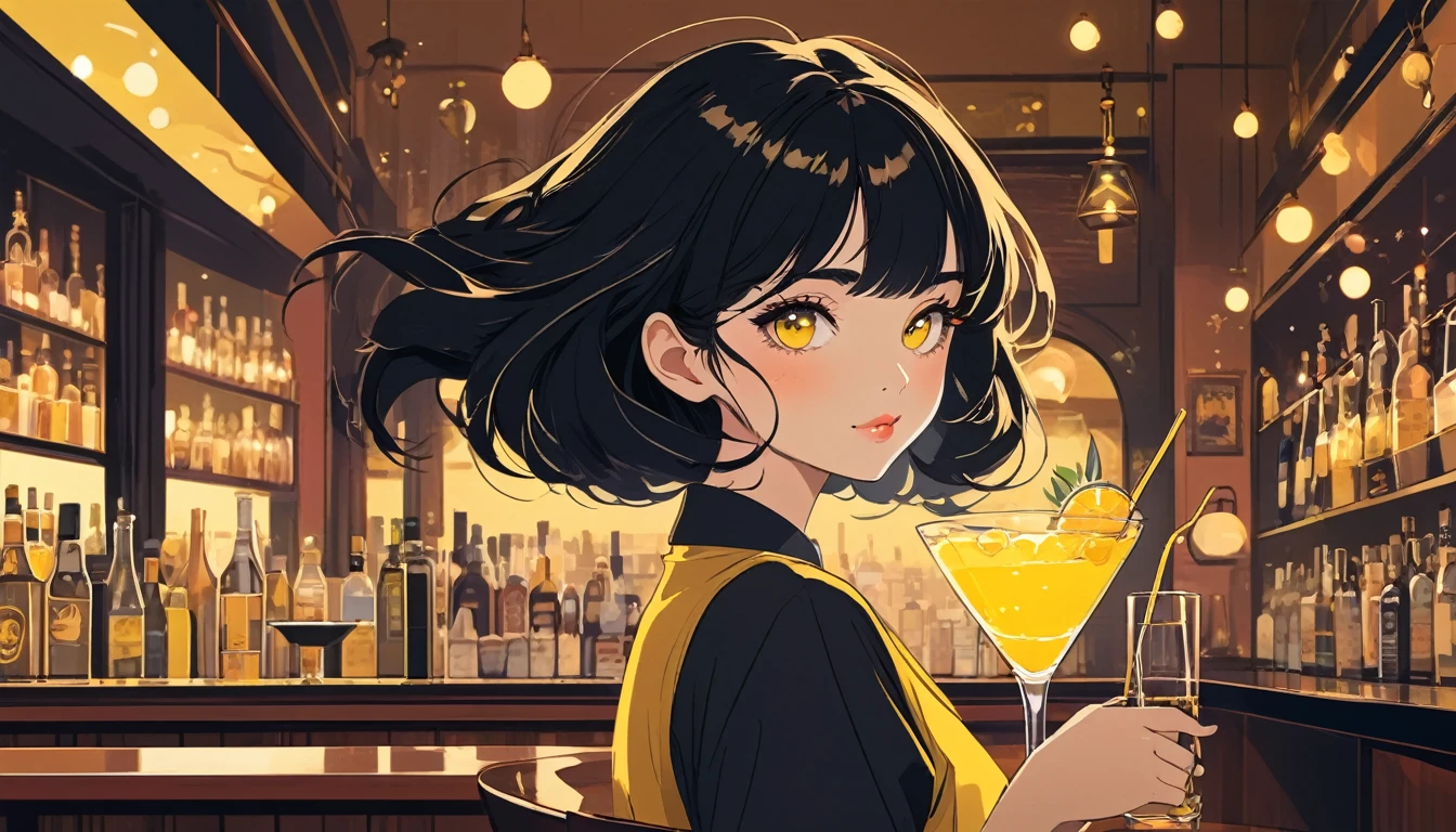 A beautiful woman with black hair and dark eyes,Yellow cocktail in a bar, Wide-angle lens, Lofi Anime, Lofi illustration, Aesthetic atmosphere, Lo-Fi Style, Vector art, Flat Design, Simple shape, Warm tones, Pleasant atmosphere, Chill, In anime style, Digital drawing, Vector art, Vector logo for t-shirt printing, (Adorable:1.5), (small:1.4), (Playful:1.2), (soft:1.3), (Whimsical:1.1), masterpiece, Highest quality, 8k, Intricate details, grow, Celestial, Mysterious, Picturesque, amazing, Majestic, Magic, Fantasy art, Cover art, dream-like