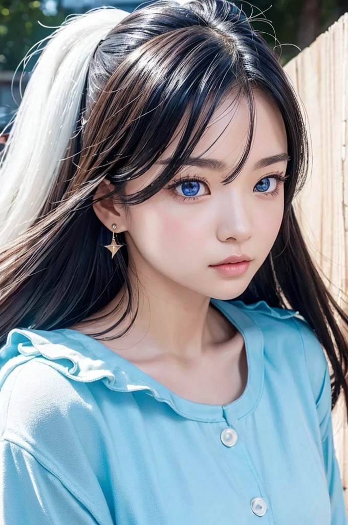 Vertical screen、8k、It depicts a beautiful Japanese girl with long black hair.。Her hair is straight、It reflects light and gives off a beautiful shine.。The tip of the hair has a blue gradient.、Adds a unique accent to the overall atmosphere.。Her hair flutters in the wind.、It features a depiction of movement.。
Her eyes are a very bright blue、Eye-catching。The eyes are deep、It shines like a jewel。Her eyes are fixed on the camera、Make a strong impression on the viewer。Her eyes are delicately drawn、Long eyelashes stand out。
Her skin is very smooth、It has a ceramic-like texture。There is a slight redness on the cheeks、Enhances natural beauty。Lips are pink、Soft lines are drawn。Overall、Her expression is calm, but、It exudes a mysterious atmosphere。
Her star-shaped earrings sparkle、Her simple yet gorgeous accessories enhance her beauty even more.。The earrings reflect light、It enhances the overall brightness of the image。
The background is simple、A pale blue gradation spreads。The simplicity of the background makes her figure stand out even more.、The overall composition is very well balanced.。The light and shadow effects in the background give her hair and skin beautiful highlights.。
The use of light is also very clever.、The light on her face and hair is soft.。especially、The way the light reflects off the blue of her hair is beautifully depicted.。The contrast of light and shadow gives the whole piece a three-dimensional look.、Makes her look real。
as a whole、This image is very realistic, but、Contains fantastic elements。Her natural beauty and the simplicity of the background are a perfect match.、It offers a highly engaging visual experience。This work is packed with realistic depictions and artistic elements that users love.。