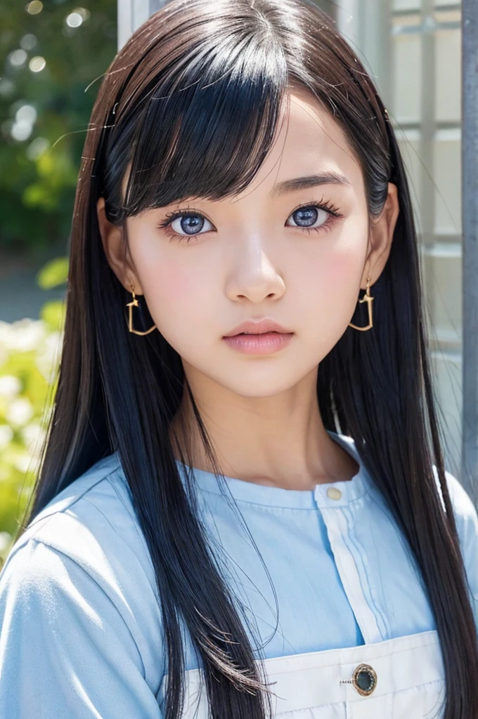Vertical screen、8k、It depicts a beautiful Japanese girl with long black hair.。Her hair is straight、It reflects light and gives off a beautiful shine.。The tip of the hair has a blue gradient.、Adds a unique accent to the overall atmosphere.。Her hair flutters in the wind.、It features a depiction of movement.。

Her eyes are a very bright blue、Eye-catching。The eyes are deep、It shines like a jewel。Her eyes are fixed on the camera、Make a strong impression on the viewer。Her eyes are delicately drawn、Long eyelashes stand out。

Her skin is very smooth、It has a ceramic-like texture。There is a slight redness on the cheeks、Enhances natural beauty。Lips are pink、Soft lines are drawn。Overall、Her expression is calm, but、It exudes a mysterious atmosphere。

Her star-shaped earrings sparkle、Her simple yet gorgeous accessories enhance her beauty even more.。The earrings reflect light、It enhances the overall brightness of the image。

The background is simple、A pale blue gradation spreads。The simplicity of the background makes her figure stand out even more.、The overall composition is very well balanced.。The light and shadow effects in the background give her hair and skin beautiful highlights.。

The use of light is also very clever.、The light on her face and hair is soft.。especially、The way the light reflects off the blue of her hair is beautifully depicted.。The contrast of light and shadow gives the whole piece a three-dimensional look.、Makes her look real。

as a whole、This image is very realistic, but、Contains fantastic elements。Her natural beauty and the simplicity of the background are a perfect match.、It offers a highly engaging visual experience。This work is packed with realistic depictions and artistic elements that users love.。