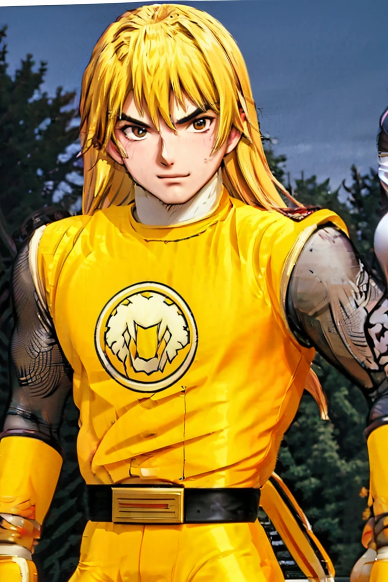 kenalpha, 1boy, male focus, blonde hair, long hair, muscular, pectorals, nsyellownohelmet, gloves, belt, yellow bodysuit, white gloves, yellow pants, original, (masterpiece), (illustration), (extremely fine and beautiful), perfect detailed, photorealistic, (beautiful and clear background:1.25), (depth of field:0.7)
