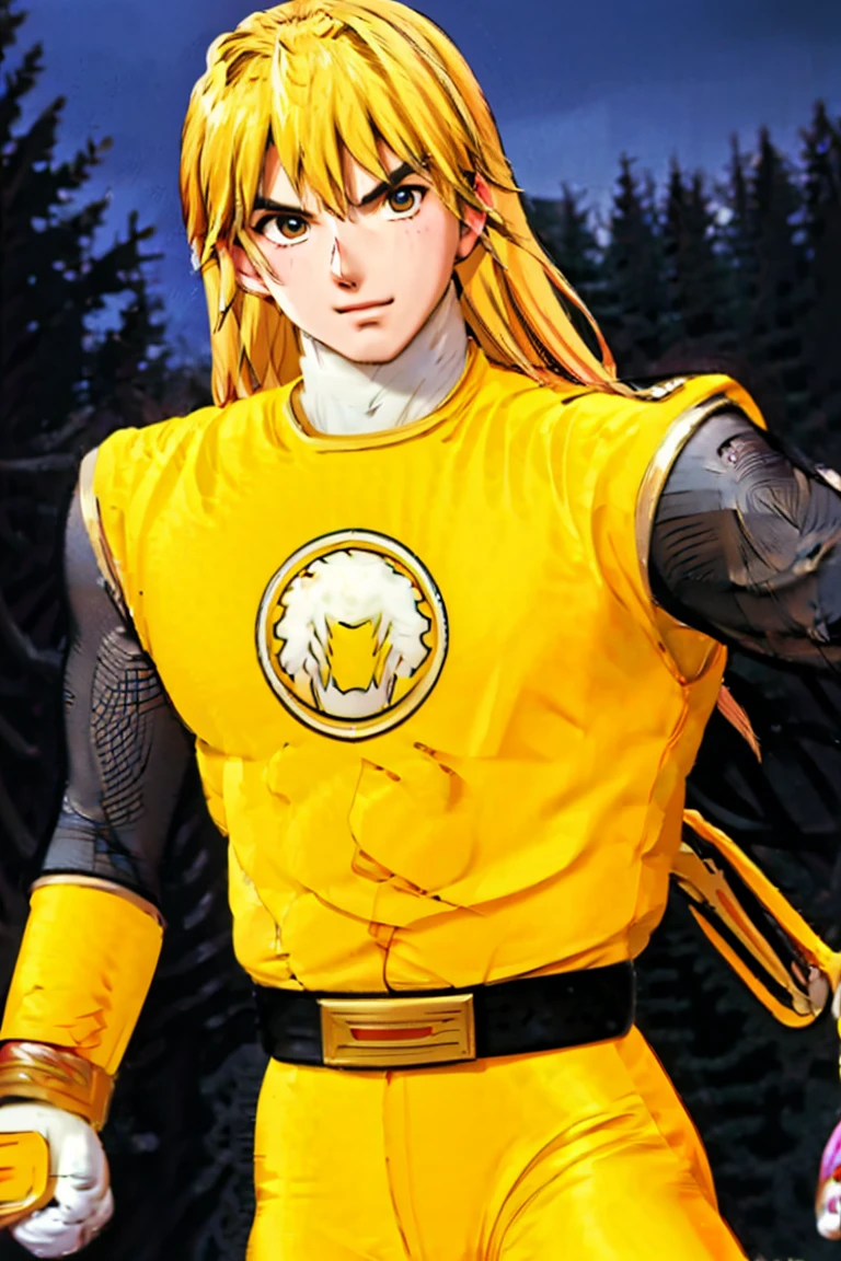 kenalpha, 1boy, male focus, blonde hair, long hair, muscular, pectorals, nsyellownohelmet, gloves, belt, yellow bodysuit, white gloves, yellow pants, original, (masterpiece), (illustration), (extremely fine and beautiful), perfect detailed, photorealistic, (beautiful and clear background:1.25), (depth of field:0.7)
