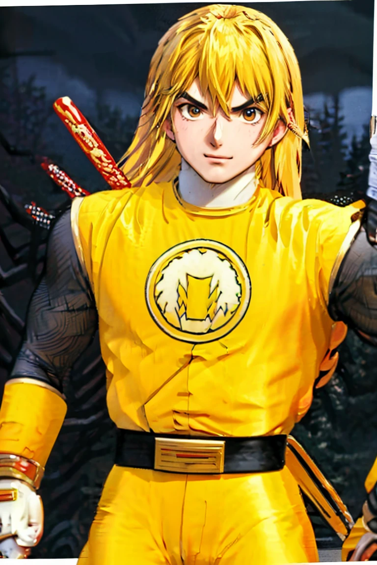 kenalpha, 1boy, male focus, blonde hair, long hair, muscular, pectorals, nsyellownohelmet, gloves, belt, yellow bodysuit, white gloves, yellow pants, original, (masterpiece), (illustration), (extremely fine and beautiful), perfect detailed, photorealistic, (beautiful and clear background:1.25), (depth of field:0.7)
