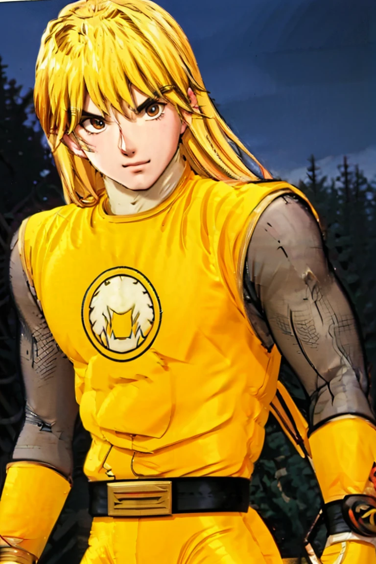 kenalpha, 1boy, male focus, blonde hair, long hair, muscular, pectorals, nsyellownohelmet, gloves, belt, yellow bodysuit, white gloves, yellow pants, original, (masterpiece), (illustration), (extremely fine and beautiful), perfect detailed, photorealistic, (beautiful and clear background:1.25), (depth of field:0.7)
