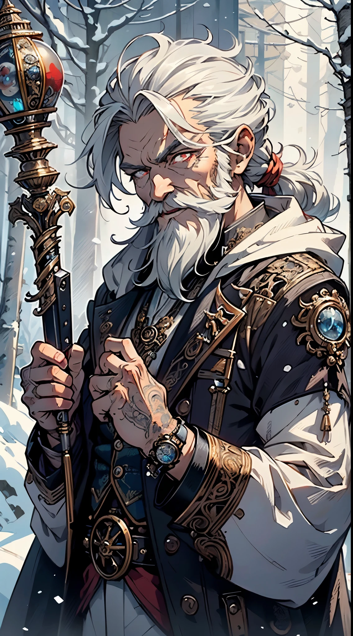 ((an extremely old man with beard)),(beautiful detailed eyes), 1male, long white and silver robe with hood, long gray hair,silver long beard, Homely old man, hair tied in a ponytail, ((red_eyes:1.3))),intricate eyes,beautiful detailed eyes,symmetrical eyes, old face, ecstatic look, white cloak,coat,steampunk,(1old man), luminescent, sparkles, glitter, light particles, ((steampunk old man)),white hair,white beard,(((intricate outfit,intricate clothes,ornate outfit))),

wise,((leaning on a magic staff,steampunk staff)),

((((detailed face,detailed eyes,detailed clothes)))), 

expressive eyes,   

(ultra-detailed:1.3), beautiful detailed glow,  finely detailed, ultra-detailed, 

(dynamic pose:1.0),(centered,scale to fit dimensions,Rule of thirds),

((snowy pine forest at night)),with dark stormy clouds,winter,scenery:1.25,((snow forest background)),Christmas tree,

highres,sharp focus,(ultra detailed,extremely detailed),(photorealistic artwork:1.37),(extremely detailed CG unity 8k wallpaper),(((vibrant colors,vibrant theme))),(intricate),(masterpiece),(best quality),