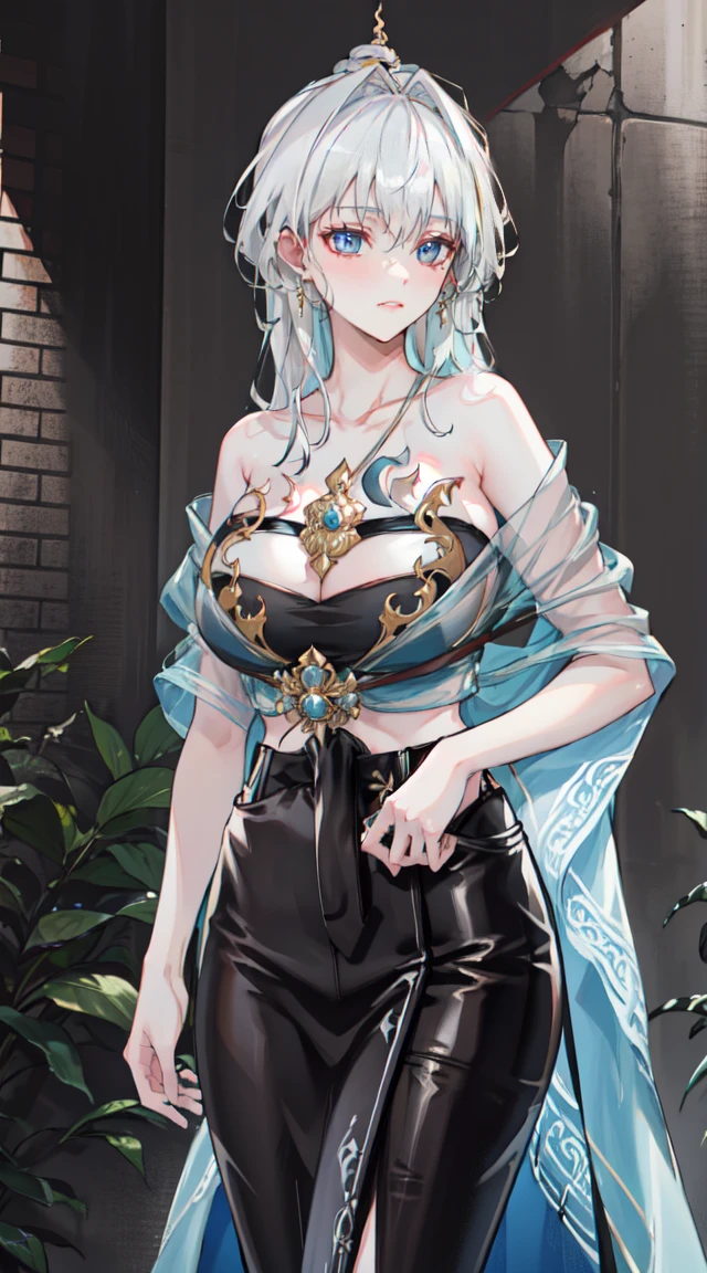 "4K, A dark ruin with no light., There was a mature and elegant woman., white hair, half braided hair, black eyes, big breasts,Wear traditional Thai clothing,White strapless top with no leather straps.,Traditional Thai long skirt, She looks cool, She has a seductive smile.."
