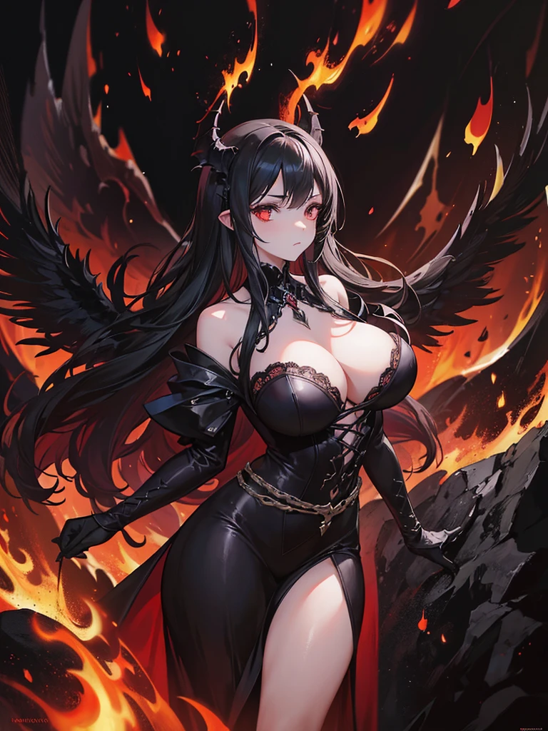 A dark-haired gothic woman with a voluptuous figure, large breasts, demon-like black wings, standing amidst flames, highly detailed, cinematic lighting, chiaroscuro, dramatic, dark fantasy, digital painting, concept art