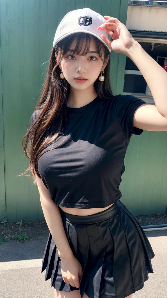masterpiece, best quality, illustration, Super detailed, fine details, High resolution, 8K,wall paper, perfect dynamic composition,(Details High quality, realistic depiction of eyes:1.3), baseball cap, earrings, (black t-shirt), (black pleated skirt), straight hair, black hair color, Big Natural Color Lip, sexy pose, (perfect body shape), crying a little、 Harajuku style、20 year old girl、cute type、ta, hposing Gravure Idol, full body photo、focus on crotch, huge breasts