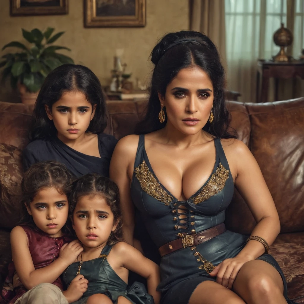 (best quality, highres), (realistic retro look), [fetishistic session], (realistic), [couch in living room], photo of 45 years old Salma Hayek sitting in bondage (damselpose) next to her children, (sitting on couch), detailed face features, expression of despair and gloomy ecstasy, vintage atmosphere, retro, vibrant colors