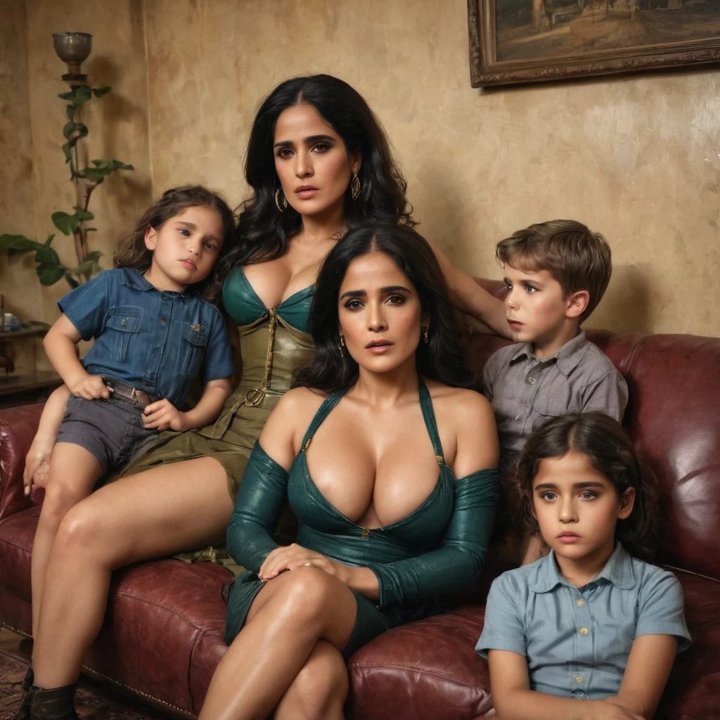 (best quality, highres), (realistic retro look), [fetishistic session], (realistic), [couch in living room], photo of 45 years old Salma Hayek sitting in bondage (damselpose) next to her children, (sitting on couch), detailed face features, expression of despair and gloomy ecstasy, vintage atmosphere, retro, vibrant colors