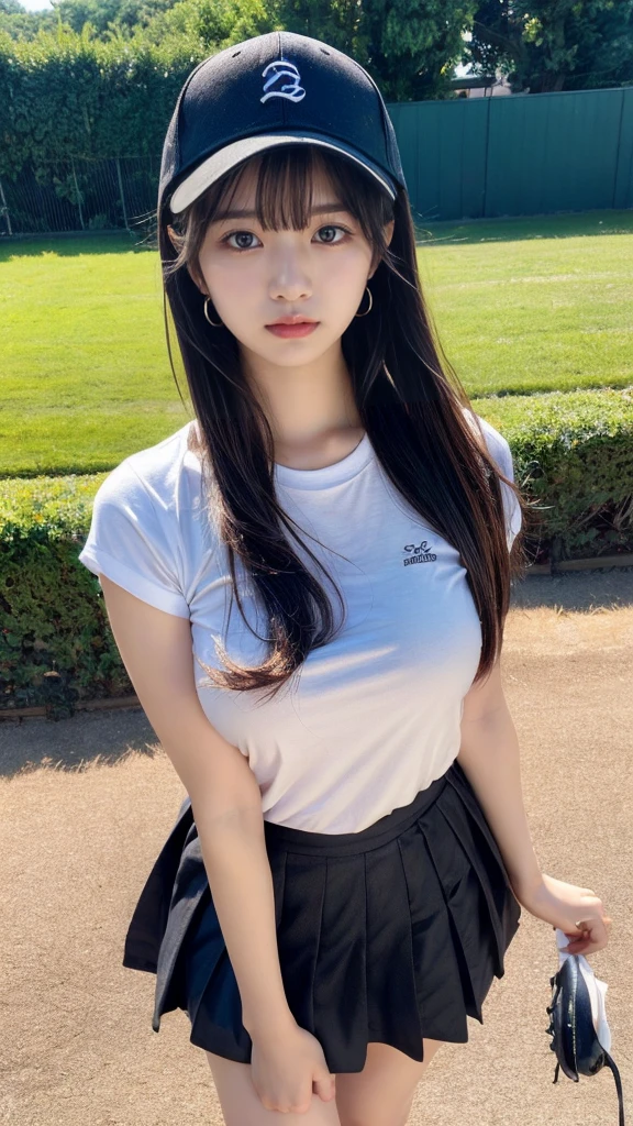 masterpiece, best quality, illustration, Super detailed, fine details, High resolution, 8K,wall paper, perfect dynamic composition,(Details High quality, realistic depiction of eyes:1.3), baseball cap, earrings, (white t-shirt), (black pleated skirt), straight hair, black hair color, Big Natural Color Lip, sexy pose, (perfect body shape), crying a little、 Harajuku style、20 year old girl、cute type、lolita, hposing Gravure Idol, full body photo、focus on crotch, huge breasts