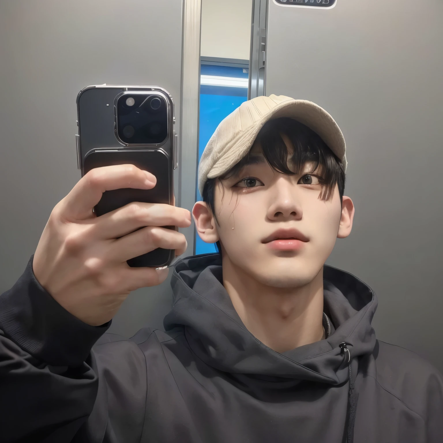 Arafed man taking a selfie in a public toilet, Jinyoung Shin, kim doyoung, 8k selfie photography, cai xukun, hyung tae, kim taejin, taken in the early 2020s, hombre surcoreano, selfie con iPhone, malvado ulzzang, 22 years, 21 years, foto de perfil en la cabeza, 23 years