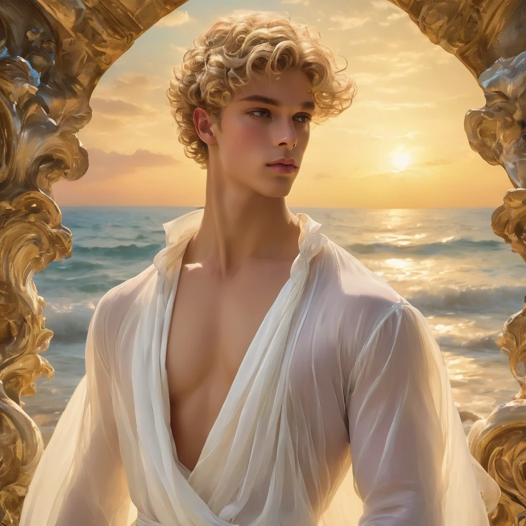 candid an photo of prince charming, 23 year old male supermodel, attractive and exotic, short curly blonde hair, a masculine appearance with slender smooth body, delicate and symmetrical face, natural olive skin tone, ((standing on a large seashell)), position in a graceful contrapposto stance, inspired by Sandro Botticelli's painting The Birth of Venus, he is wrapped in classical drapery sheer rainbow color fabric, with flowing dramatically in the wind, some fabric to billow as if caught by a gentle breeze. The composition include mythological elements, such as a backdrop of a serene with a golden sunrise and nymphs to frame the scene. Illuminate the scene with soft diffused lighting to create a dreamlike, celestial atmosphere, capturing the delicate interplay of light and shadow on his face and body. ((full body shot)), wide-angle lens on a high-resolution DSLR camera to capture the grandeur and intricate details of the setting, while shooting from a dynamic angle to emphasize the model's majestic presence. The overall mood should blend the classical elegance of Botticelli's work with a modern, high-fashion aesthetic, producing an image that feels both timeless and contemporary, adding the Two Cherubs in the sense to balance and harmony the photo, evoke the soft ethereal quality of the Renaissance style, POV, raw photo, ((masterpiece)), ((best quality:1.4)), High Resolution, (ultra_realistic:1.37), (photorealistic:1.4, (NSFW), ((Pay attention to the layer and arrangement of body parts and surrounding objects)), ((Pay attention to the body composition)), ((Correct body structure)), ((Correct photo distance)), romantic atmosphere, lively extremely Gorgeous background),