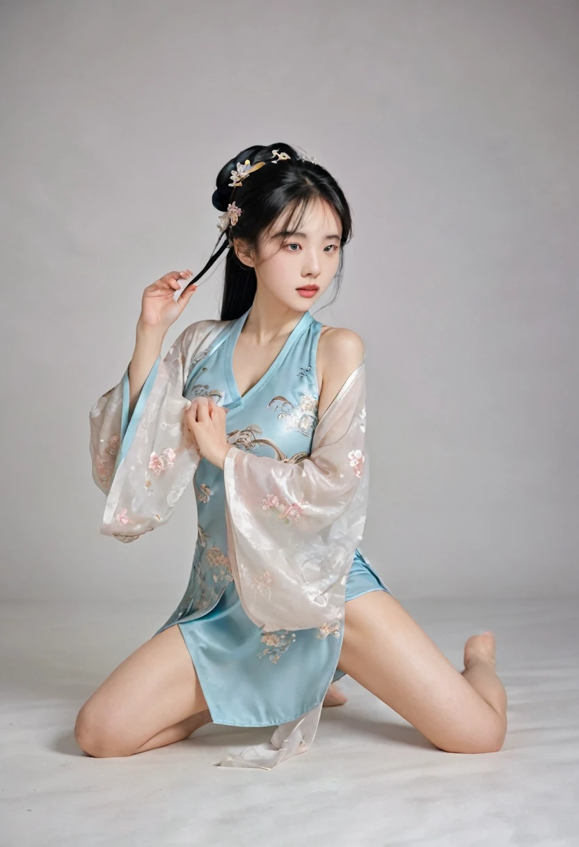 Chinese girl, ,Pretty face ,Big breasts, wearing a Chinese petal dress, torn fabric.,8K images, Squatting position and stretching out one leg.,In the martial arts arena,