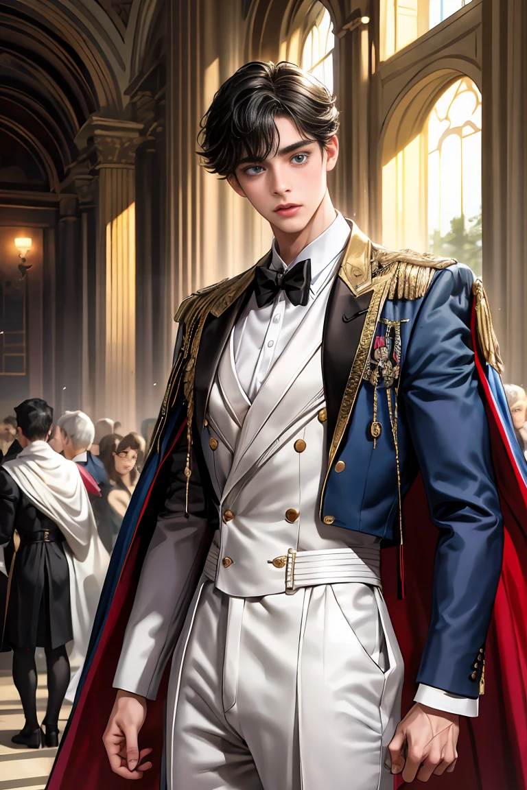 masterpiece, 最high quality, high quality, 1 boy, alone, Male focus, Watching the audience, Messy black hair, Adorable big blue eyes, White people, Noble, Noble,Sexy voluminous cape、Tuxedo、A very voluminous, large, very large, very large, long, long red and black cape with a high stand-up collar, reaching down to the floor, made of a lot of fabric., ,Cute beautiful boys,Cute, cute, kind, handsome guy