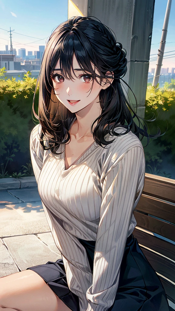 (masterpiece:1.2, Highest quality, Ultra-high resolution, Super detailed), (Realistic, photoRealistic:1.4), Beautiful illustrations, (Natural Side Lighting, Cinema Lighting), View your viewers, 1 Girl, Japanese, Adult women,30 years old, Perfect Face, (Perfect ???????), Cute and symmetrical face, Shiny skin, thin,(Black Hair, Medium、Updo Hair:1.4)、 Hair between the eyes, Swept-apart bangs, Brown eyes, Droopy eyes, Big eyes, Long eyelashes, (Large Breasts), Beautiful Hair, Beautiful Face, Beautiful attention to detail, Beautiful clavicle, Beautiful body, Beautiful breasts, Beautiful thighs, Beautiful feet,((Detailed cloth texture, (Tan V-neck sweater), Collared shirt, Navy wraparound skirt, Please edit this)), (Beautiful views), Depth of written boundary, evening, (garden, distant cityscape), Sitting on a bench, (Cute smile, Upward glance, Open your mouth),
