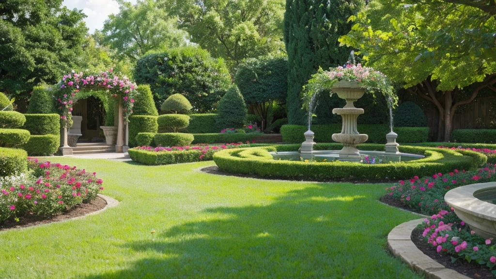 A high-quality, photorealistic image of a beautiful and elegant rose garden in full bloom. The scene should capture the vibrant colors and delicate textures of the roses, with a variety of rose types and colors, including red, pink, white, and yellow. The garden is meticulously landscaped with neatly trimmed hedges, pathways, and lush green foliage. The lighting is natural and warm, with soft sunlight casting gentle shadows. In the background, there are charming garden elements like a classic wrought-iron bench, a stone fountain, and a pergola covered in climbing roses. The overall atmosphere is serene and picturesque, evoking a sense of peace and tranquility.