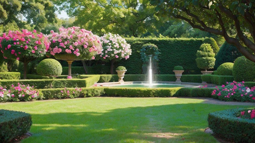 A high-quality, photorealistic image of a beautiful and elegant rose garden in full bloom. The scene should capture the vibrant colors and delicate textures of the roses, with a variety of rose types and colors, including red, pink, white, and yellow. The garden is meticulously landscaped with neatly trimmed hedges, pathways, and lush green foliage. The lighting is natural and warm, with soft sunlight casting gentle shadows. In the background, there are charming garden elements like a classic wrought-iron bench, a stone fountain, and a pergola covered in climbing roses. The overall atmosphere is serene and picturesque, evoking a sense of peace and tranquility.