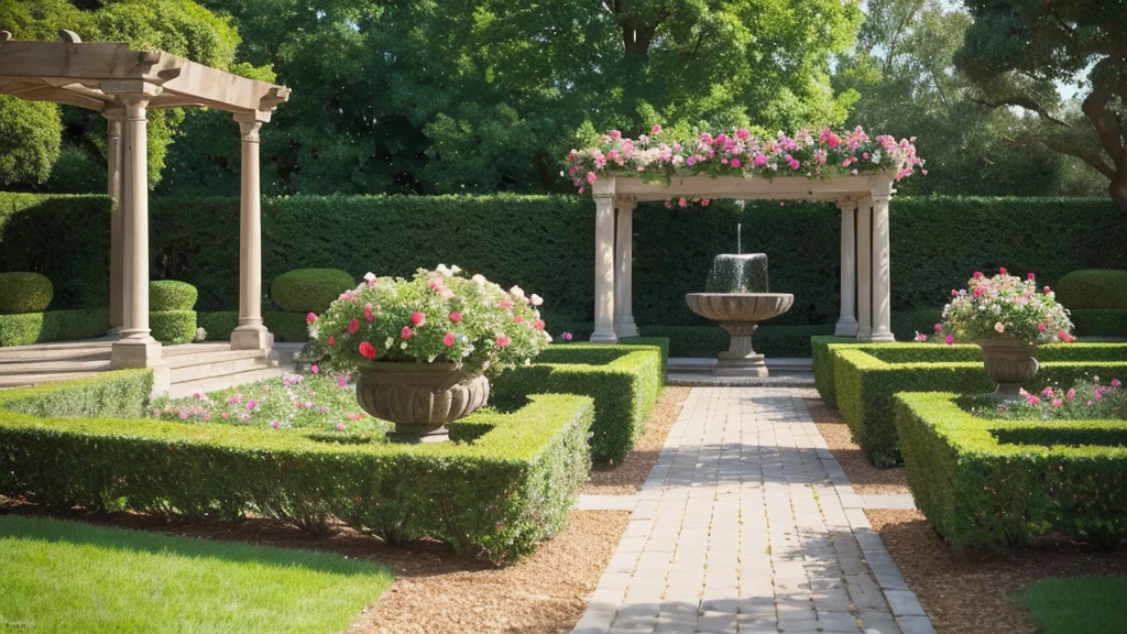 A high-quality, photorealistic image of a beautiful and elegant rose garden in full bloom. The scene should capture the vibrant colors and delicate textures of the roses, with a variety of rose types and colors, including red, pink, white, and yellow. The garden is meticulously landscaped with neatly trimmed hedges, pathways, and lush green foliage. The lighting is natural and warm, with soft sunlight casting gentle shadows. In the background, there are charming garden elements like a classic wrought-iron bench, a stone fountain, and a pergola covered in climbing roses. The overall atmosphere is serene and picturesque, evoking a sense of peace and tranquility.