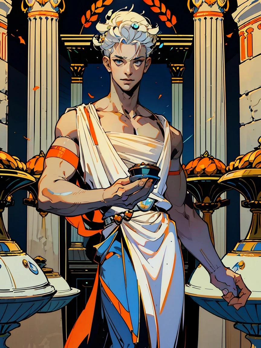 1boy, alone, 25 years old, young, white hair, blue eyes, insister sur les reflets des yeux bleus, cheveux blancs, mid lenght hair, bowl haircut, bowl hair cut, boss, formal business outfit, white outfit, arrogant look, hades style, hades game, Jen zee style, greek themed image, greek background, hypnos, tartarus scenery, fumes, greek columns in background, lots of columns, greek architecture, white themed image, white furniture, orange touches of color, orange walls, looking at viewer, holding an urn of value hades game wiki obols, hades, game, wiki, obols, face centered image