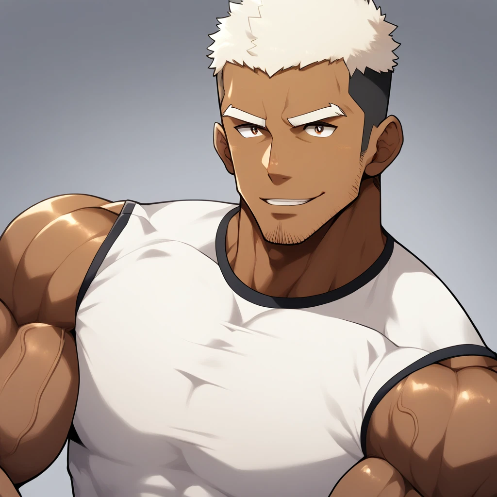 negro, anime characters:Gyee, Fitness coach, negro black skin, 1 muscular tough guy, Manliness, male focus, Cream White Sleeveless Tight T-Shirt, Very tight, The pectoral muscles are oversized, Slightly transparent, muscular male, muscular, only, Upper body, alone, White short hair, Thick eyebrows, stubble, Brown Eyes, Shiny, Grey background, simple background, amazing quality, best aesthetics, Ridiculous, bright pupils, crew cut, parted lips, seductive smile, torogao, naughty face, drop shadow, best quality