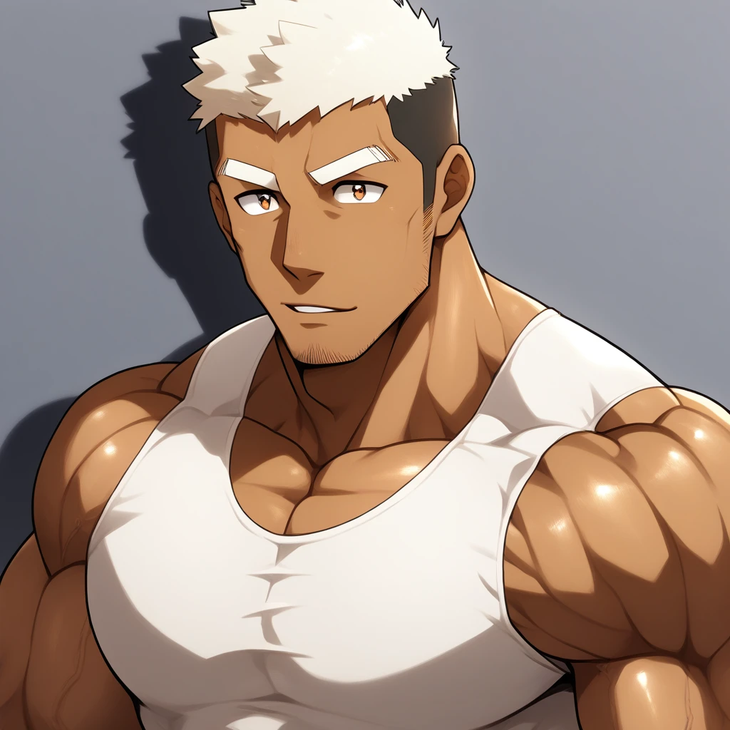 negro, anime characters:Gyee, Fitness coach, negro black skin, 1 muscular tough guy, Manliness, male focus, Cream White Sleeveless Tight T-Shirt, Very tight, The pectoral muscles are oversized, Slightly transparent, muscular male, muscular, only, Upper body, alone, White short hair, Thick eyebrows, stubble, Brown Eyes, Shiny, Grey background, simple background, amazing quality, best aesthetics, Ridiculous, bright pupils, crew cut, parted lips, seductive smile, torogao, naughty face, drop shadow, best quality