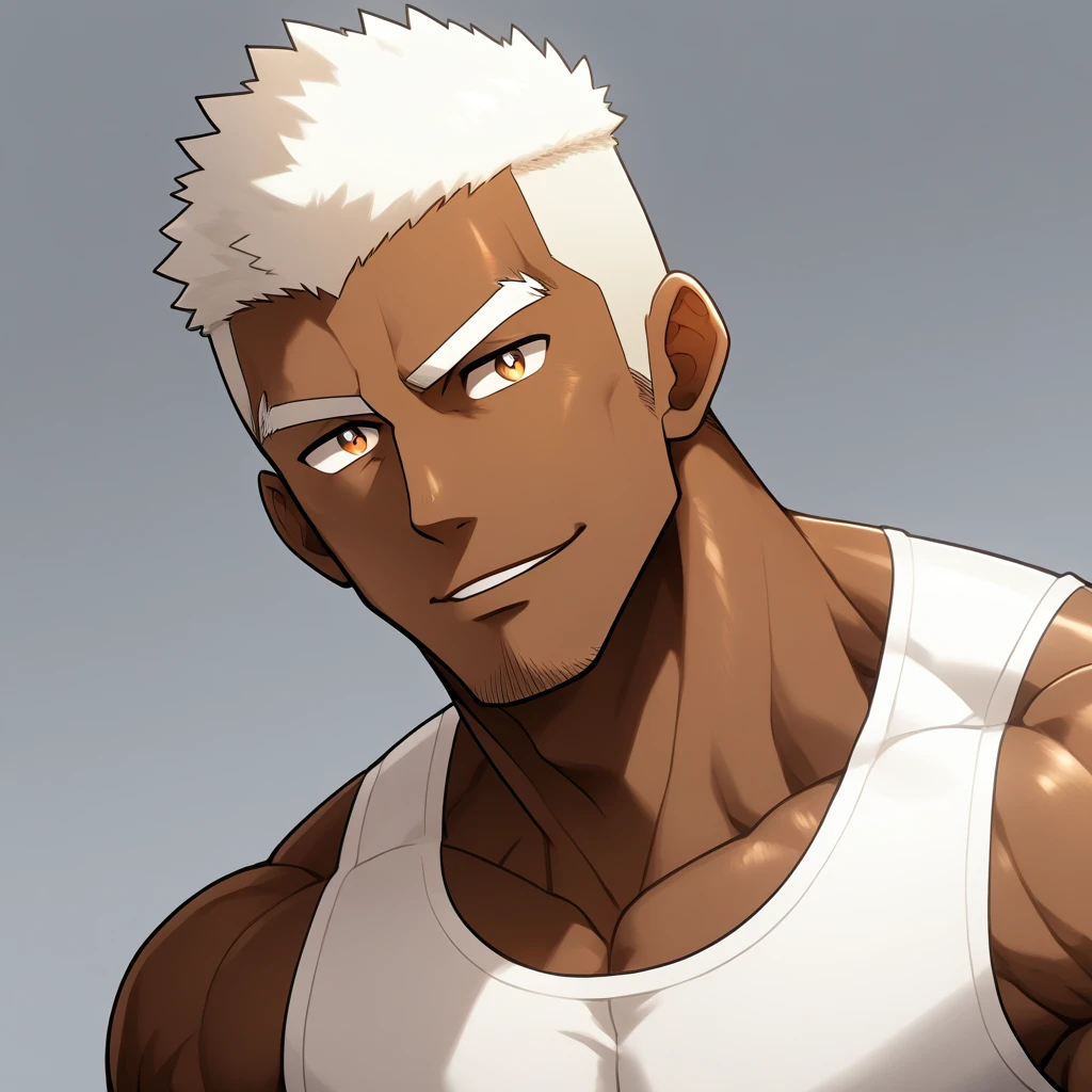 negro, anime characters:Gyee, Fitness coach, negro black skin, 1 muscular tough guy, Manliness, male focus, Cream White Sleeveless Tight T-Shirt, Very tight, The pectoral muscles are oversized, Slightly transparent, muscular male, muscular, only, Upper body, alone, White short hair, Thick eyebrows, stubble, Brown Eyes, Shiny, Grey background, simple background, amazing quality, best aesthetics, Ridiculous, bright pupils, crew cut, parted lips, seductive smile, torogao, naughty face, drop shadow, best quality