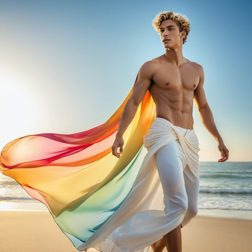 candid an photo of prince charming, 23 year old male supermodel, attractive and exotic, short curly blonde hair, a masculine appearance with slender smooth body, delicate and symmetrical face, natural olive skin tone, ((standing on a large seashell)), position in a graceful contrapposto stance, inspired by Sandro Botticelli's painting The Birth of Venus, he is wrapped in classical drapery sheer rainbow color fabric, with flowing dramatically in the wind, some fabric to billow as if caught by a gentle breeze. The composition include mythological elements, such as a backdrop of a serene with a golden sunrise and nymphs to frame the scene. Illuminate the scene with soft diffused lighting to create a dreamlike, celestial atmosphere, capturing the delicate interplay of light and shadow on his face and body. ((full body shot)), wide-angle lens on a high-resolution DSLR camera to capture the grandeur and intricate details of the setting, while shooting from a dynamic angle to emphasize the model's majestic presence. The overall mood should blend the classical elegance of Botticelli's work with a modern, high-fashion aesthetic, producing an image that feels both timeless and contemporary, adding the Two Cherubs in the sense to balance and harmony the photo, evoke the soft ethereal quality of the Renaissance style, POV, raw photo, ((masterpiece)), ((best quality:1.4)), High Resolution, (ultra_realistic:1.37), (photorealistic:1.4, (NSFW), ((Pay attention to the layer and arrangement of body parts and surrounding objects)), ((Pay attention to the body composition)), ((Correct body structure)), ((Correct photo distance)), romantic atmosphere, lively extremely Gorgeous background),
