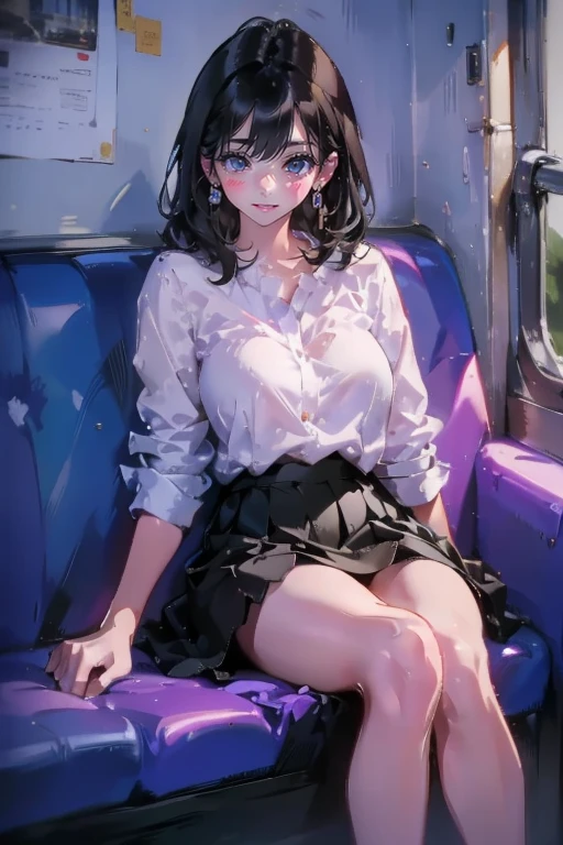 1girl,solo,a slight smile,mini skirt,shirt,in train,sitting a seat,thighs,