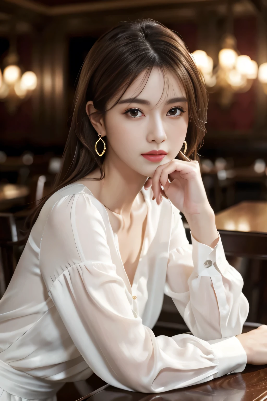 masterpiece, Highest quality, Realistic, Very detailed, Finer details, High resolution, 8k wallpaper, One beautiful woman, Wear an elegant white silk shirt blouse, In a great restaurant, At night, Light Brown Hair, Perfect dynamic composition, Beautiful and beautiful eyes、Big earrings、Sit on a chair、