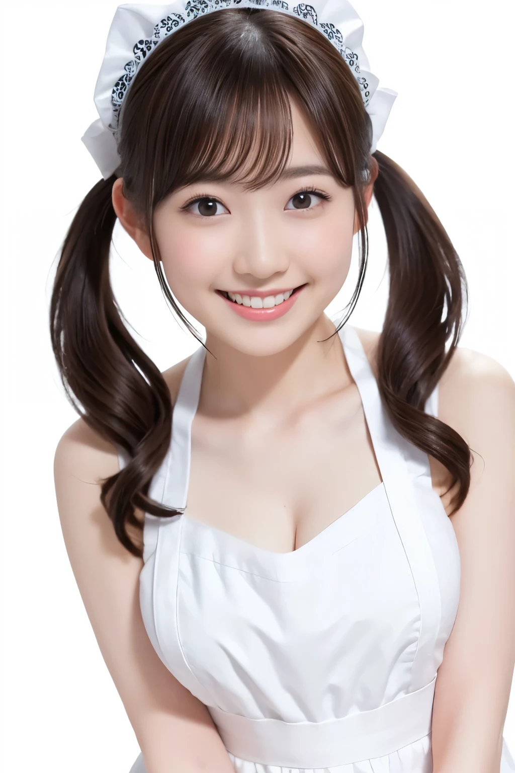 (Highest quality、Tabletop、8k、Best image quality、Award-winning works)、1. pretty girl、(Twin tails:1.1)、(Naked and white apron:1.2)、(The perfect pure white apron:1.3)、Perfect girl portrait photo、Glowing Skin、Brown Hair、(Large Breasts:1.3)、(Accentuate your body lines:1.1)、Standing Elegantly、(Face close-up:1.3)、Woman looking up at me、Cute Smile、(The simplest solid white background:1.5)