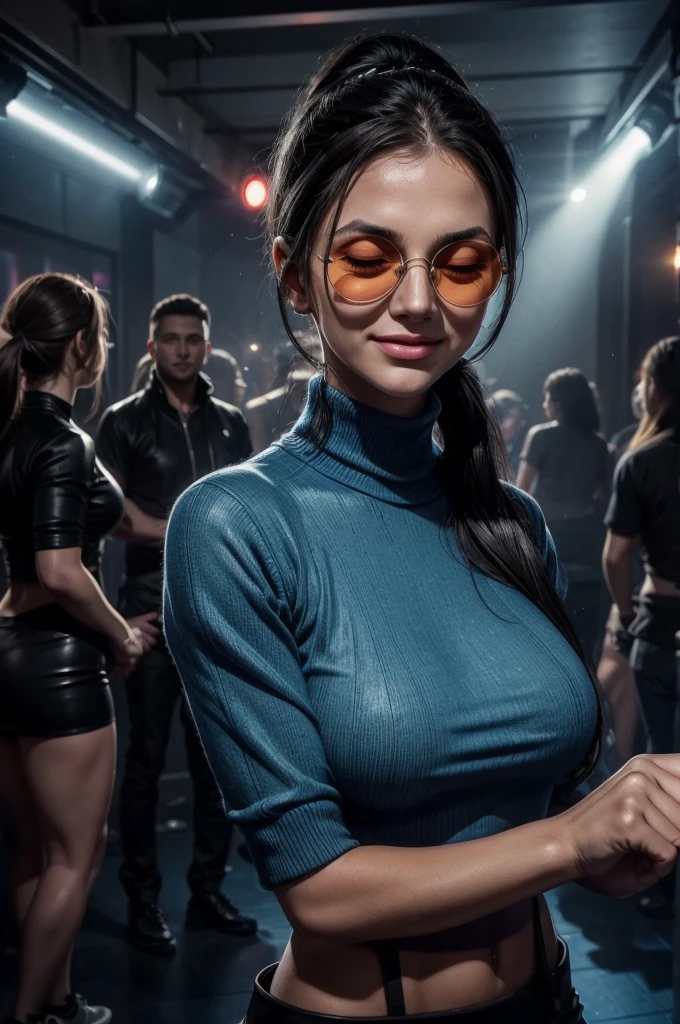 masterpiece, best quality, extremely detailed, hyperrealistic:1.1, photorealistic, a beautiful 20s russian model, ultra detailed face:1.1, sunglasses on head:1.1, blue turtle neck sweater, lower ponytail, black hair, at nightclub:1.2, nightclub light:1.1, party, music club, people dancing on the dance floor background, underground danceclub, laughing, eye closed
