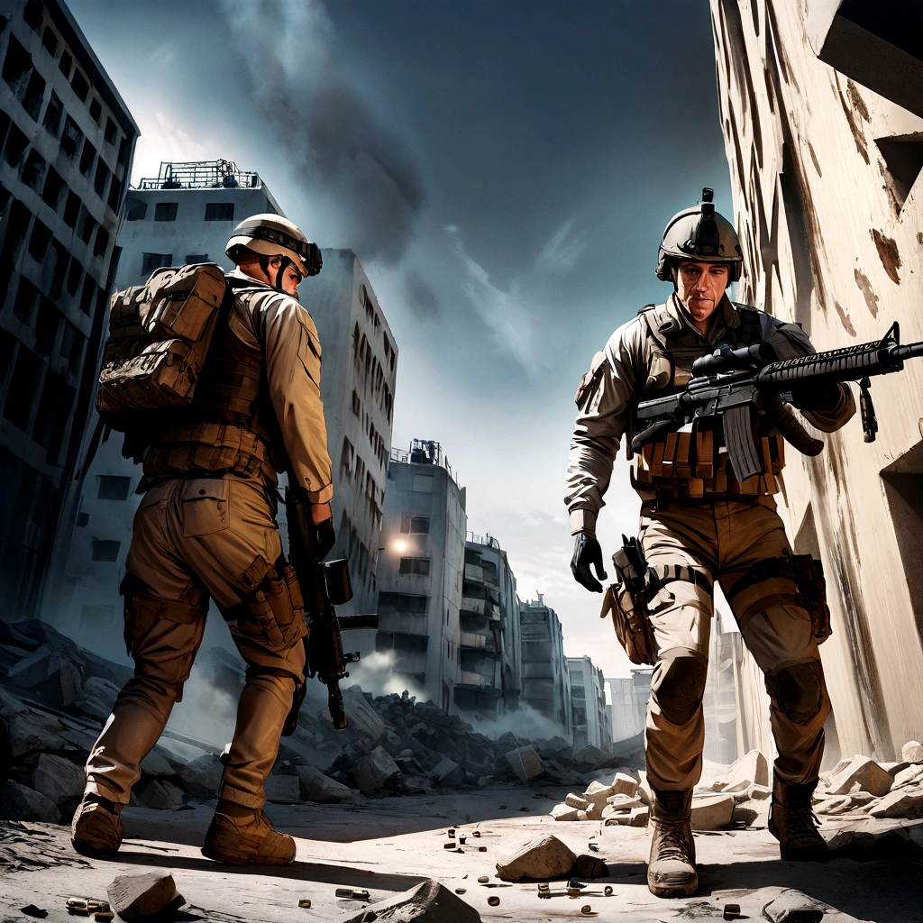 high detailed hyper realistic military combat scene, 1 man with full combat gear, assault rifle, bandolier, tactical vest, ballistic helmet, night vision goggles, modern military environment, concrete buildings, rubble, debris, smoke, shell casings, bullet impacts, muzzle flashes, cinematic lighting, dramatic shadows, volumetric lighting, cinematic camera angles, HDR, 8K, photorealistic, masterpiece, hyper detailed, military action, gritty, intense, visceral