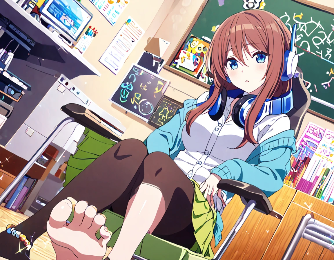 score_9_up,score_8_up,score_7_up, A girl lounging in her bedroom, a PC monitor turned on, a gaming chair, a cluttered room, fetal position, Sparkling,, (8k), (super fine illustration), detailed beatiful face, detailed beatiful eyes, detailed beatiful hair, perfect body, perfect hands, dynamic pose, dutch angle}, , looking at viewer, 20-year-old woman, mikunakano, miku nakano, long hair, bangs, blue eyes, brown hair, shirt, hair between eyes, cardigan, headphones around neck, mature female, medium breasts, skirt, shirt, long sleeves, white shirt, pantyhose, pleated skirt, black pantyhose, cardigan, green skirt, blue cardigan, bare foot, foot focus, from below ,anklet, chalkboard, shiny skin, pale skin, colored toenails,
