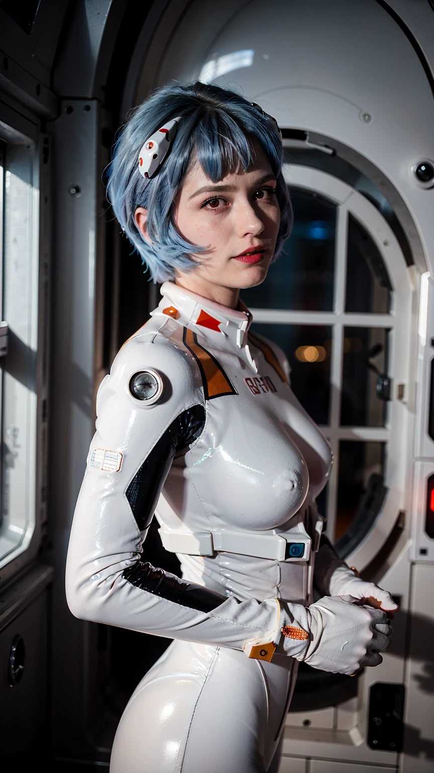 (masterpiece), (best quality), (red eyes), (epiCRealLife), (red lipstick), (j4nu4ryj0n3s) (young woman), (European Model), (Plugsuit), (ayanami_rei plugsuit), interface headset, white bodysuit),(white gloves) (red eyes), (blue hair), (medium breasts),(flash photography), (natural lights), (ample lights),( light smile), (pose for picture), (white gloves), (light smile), (in a spaceship room), (from side), (lying on the bed), (space station interior), (window), (spaceship cockpit), (galaxy scenery) 