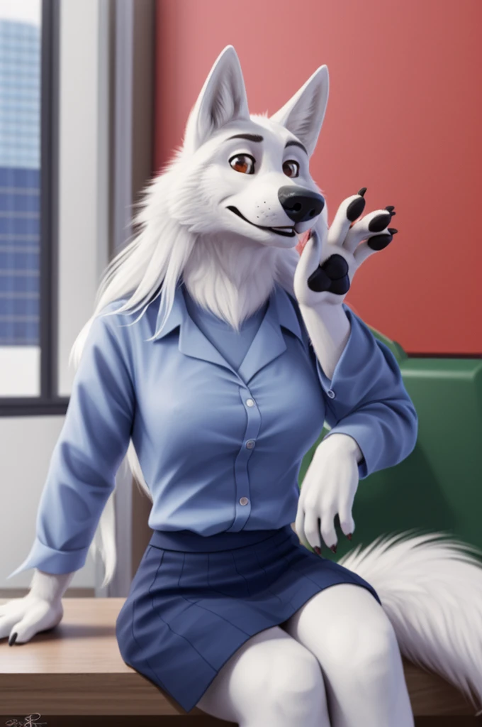 Barbara\(Moscow\), (white body:1.3), white fur, Brown eyes, Moscow, dressed, bank employee uniform,White shirt, длинная skirt, long hair,shoes,skirt, is sitting, canine, wolf, Detailed fur, Female, breast, antro, paw pads, finger claws, waving, waving at viewer, 5 fingers, paws, 4 toes,ring, bank office work, very close to the camera, 
BREAK from nextel, for dating, by xenoforge, (difficult, high detail, film photography, soft focus, RAW is sitting, It's working, 
Photorealism, realistic, photorealistic, digital style, Subsurface scattering,
masterpiece, Best quality, ultra realistic, 8 k)