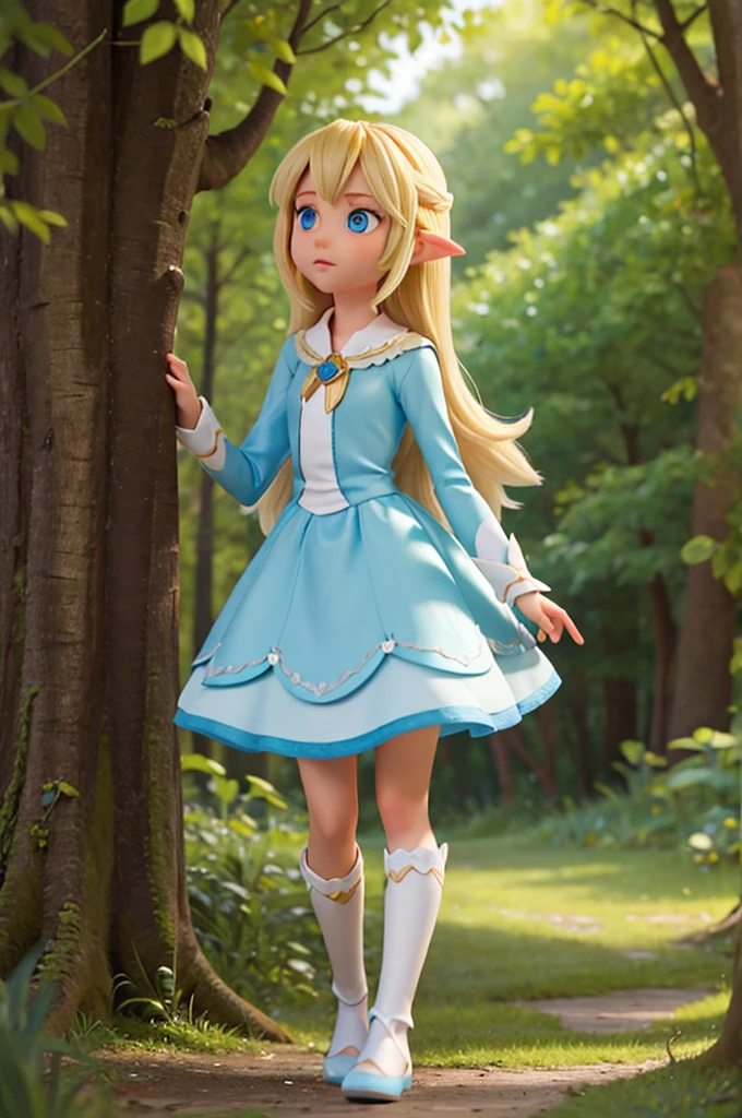 the with long blonde hair and light blue eyes follows the fairy with short blonde hair into the woods