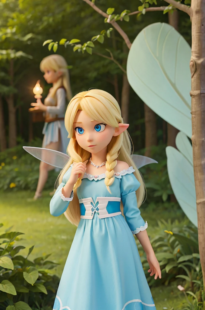 the with long blonde hair and light blue eyes follows the fairy with short blonde hair into the woods