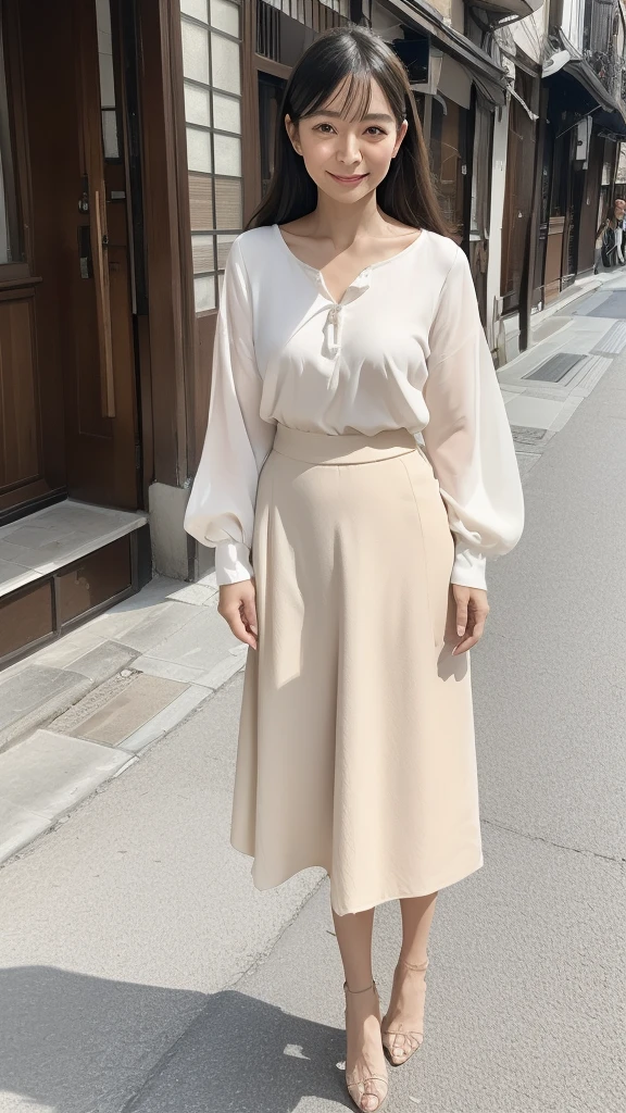 ((Highest quality)), ((8K)), ((masterpiece:1.3)), (Perfect look), (Photorealism:1.6), (One Japanese Mature), (A woman walking through an old street lined with Japanese houses), (Tenement houses on both sides of the road), (Blurred Background), (PT, JMA), ((画面中央にOne Japanese Mature)), ((Realistic skin texture)), (Fine wrinkles all over the skin:1.3), (Dull skin:1.1), (Unmoisturized skin:1.2), (Facial wrinkles:0.9), (Wrinkles around the eyes:1.2), double eyelid, Tear bags on the lower eyelids, (Crying Mole:0.9), The eyes are watching me, Serious look, (Dimples on cheeks:1.2), (Short bangs:1.2), Long hair with curled ends, (Hair over the ears), Smiling with the corners of his mouth turned up, (Red blouse), (Black long skirt), Soft fabric blouse, (Wide-necked blouse: 1.4), Wide sleeves, Cuffs that fit snugly around the wrist, Long Skirt, Small breasts, (Salmon pink lips), (Red high heels:1.2), (Standing posture, Full body portrait:1.4), (Angle from the feet:1.4),