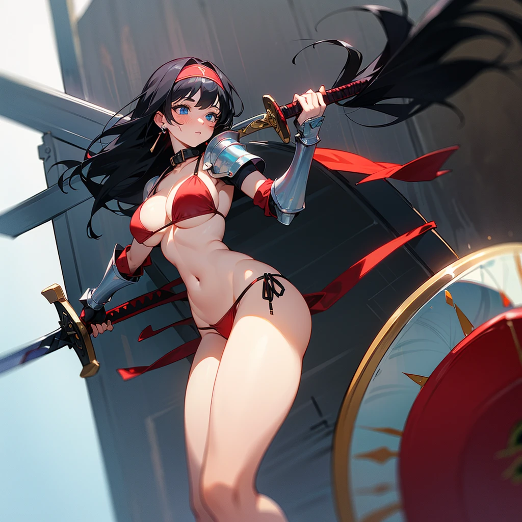 (((ung woman))), ((((((solo)))))), long hair, (large breasts), ((thick thighs)), jewelry,(((holding shield))), (((holding sword))), (((jet black hair))),(((red thong bikini))),earrings,collar,navel,hairband,(((blue eyes))), cleavage,blush,(((bikini armor)))