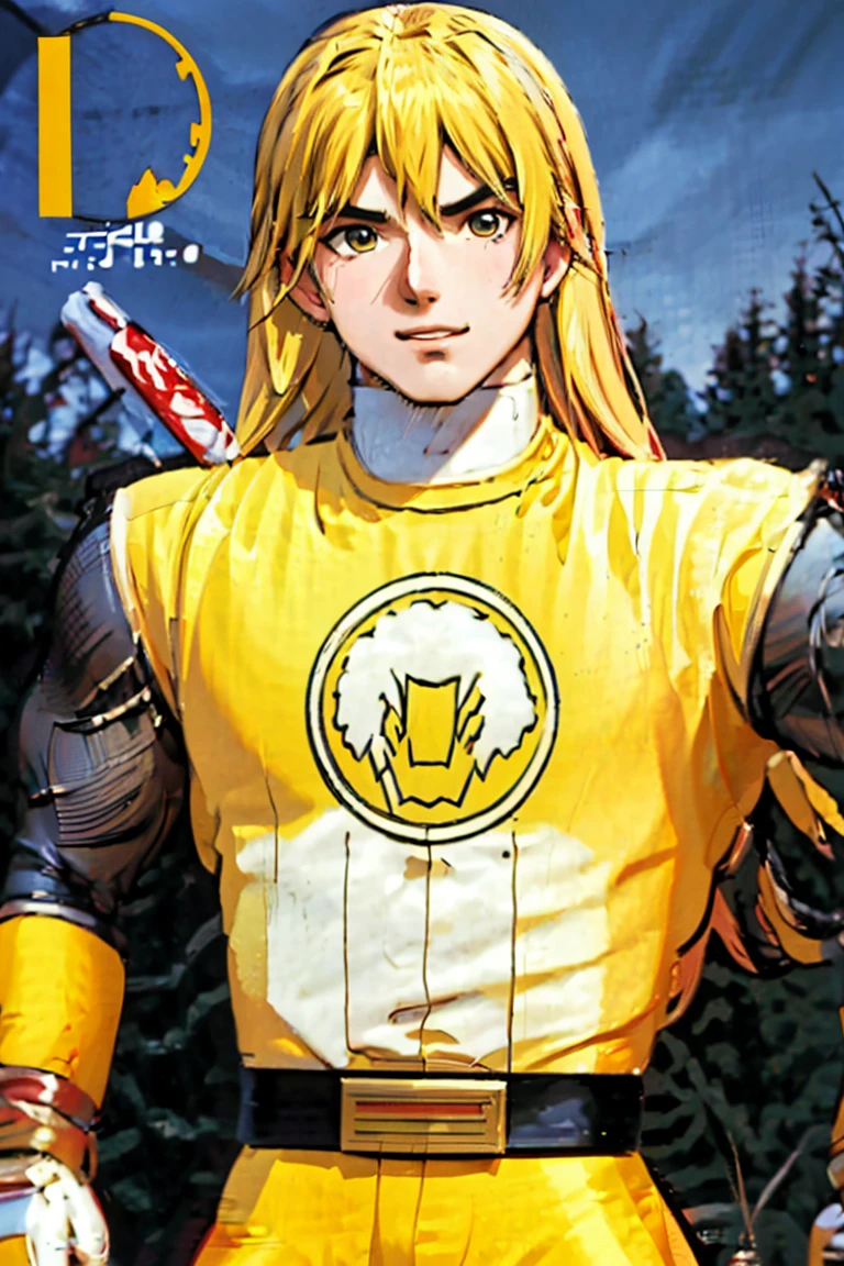 kenalpha, 1boy, male focus, blonde hair, long hair, muscular, pectorals, nsyellownohelmet, gloves, belt, yellow bodysuit, white gloves, yellow pants, original, (masterpiece), (illustration), (extremely fine and beautiful), perfect detailed, photorealistic, (beautiful and clear background:1.25), (depth of field:0.7)
