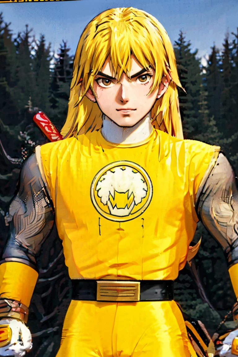 kenalpha, 1boy, male focus, blonde hair, long hair, muscular, pectorals, nsyellownohelmet, gloves, belt, yellow bodysuit, white gloves, yellow pants, original, (masterpiece), (illustration), (extremely fine and beautiful), perfect detailed, photorealistic, (beautiful and clear background:1.25), (depth of field:0.7)
