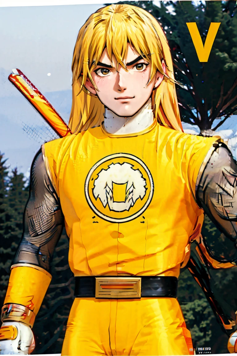 kenalpha, 1boy, male focus, blonde hair, long hair, muscular, pectorals, nsyellownohelmet, gloves, belt, yellow bodysuit, white gloves, yellow pants, original, (masterpiece), (illustration), (extremely fine and beautiful), perfect detailed, photorealistic, (beautiful and clear background:1.25), (depth of field:0.7)
