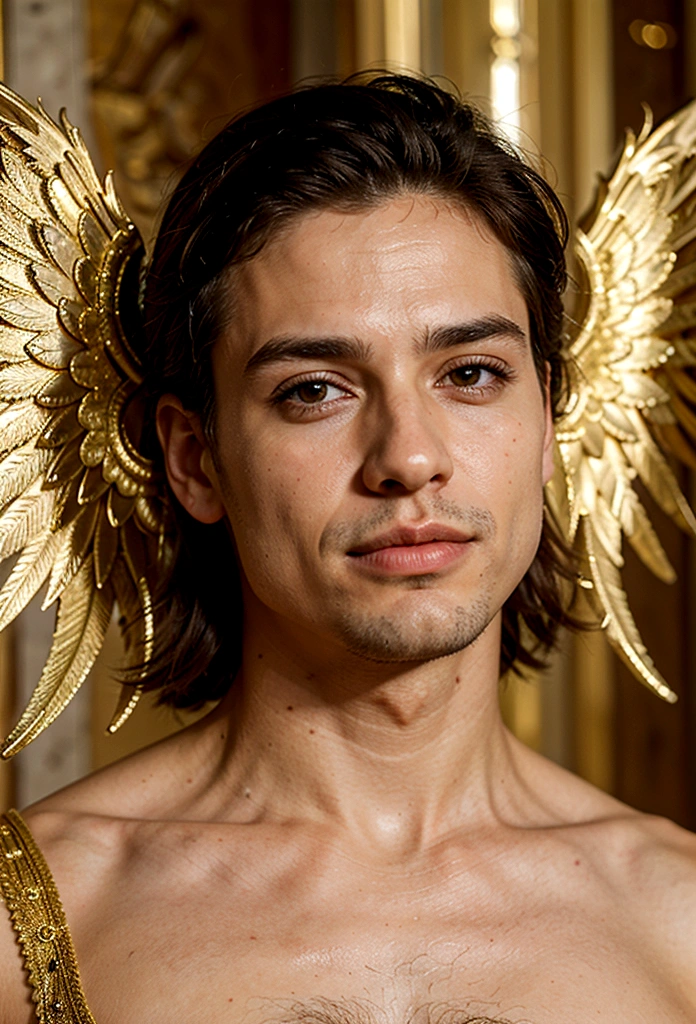 Homem romano realista beleza masculina nariz fino labios carnudos queixo qyadrado diamante. With angel wings on golden heads